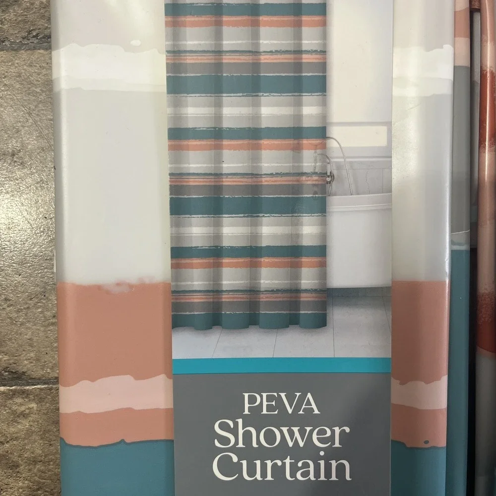 2 Shower Curtains 70 X 72 Coral/Teal Striped/Flowers and Hooks Comfort Bay